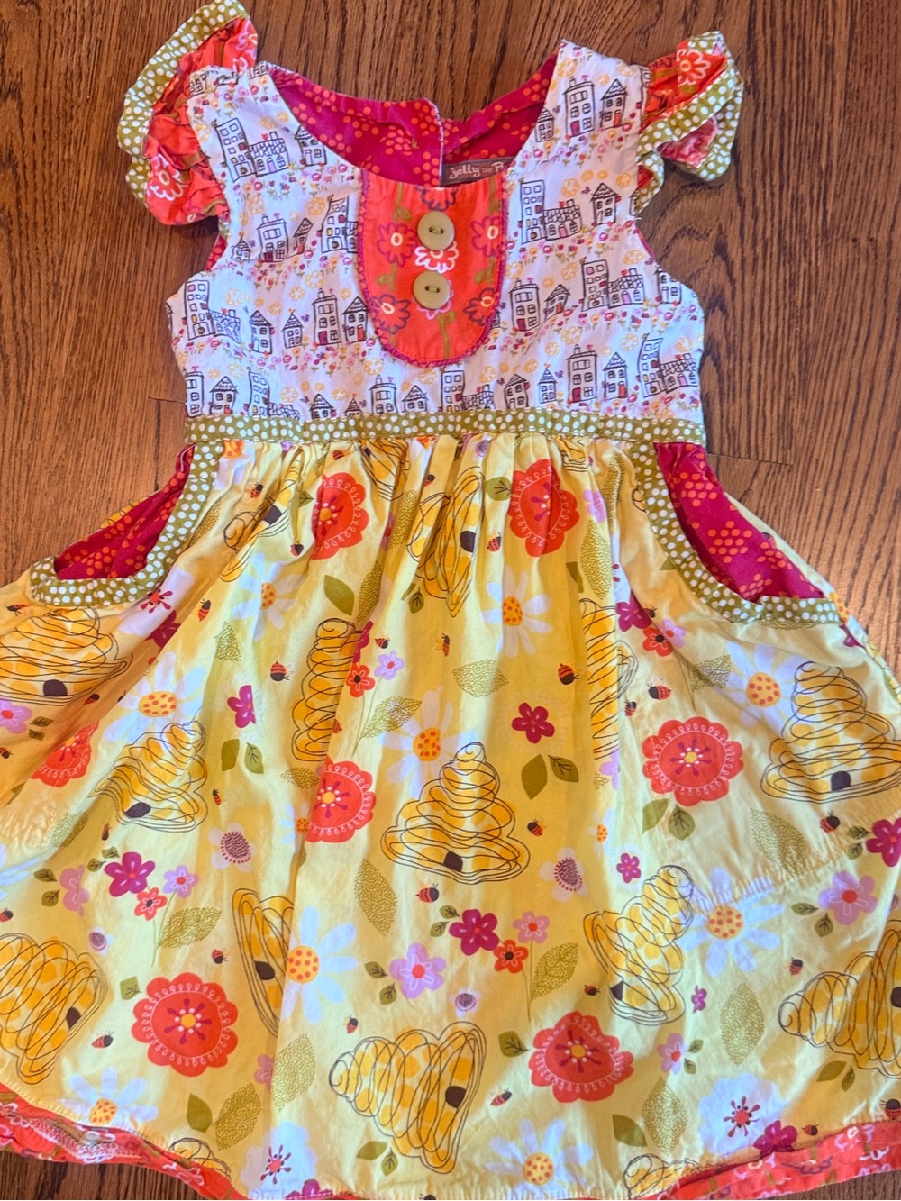 Girls Jelly the Pug Yellow Floral & Honeycomb Print sundress 6x